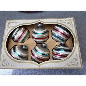 Shiny Brite Glass Christmas Ornaments Set of 6 Multicolor Striped 3" Vintage